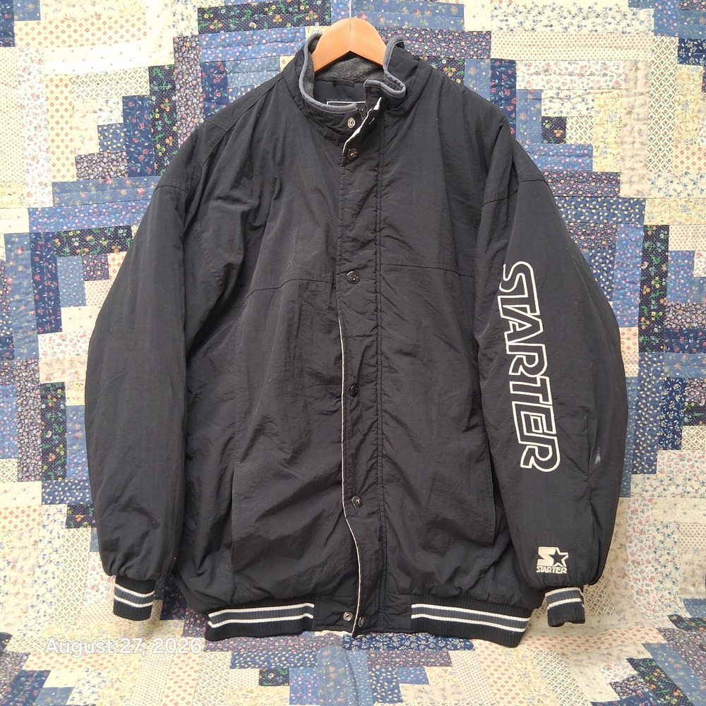 Vintage Starter Mens XL Black Stadium Jacket Big Sleeve Spellout Hip Hop 90s